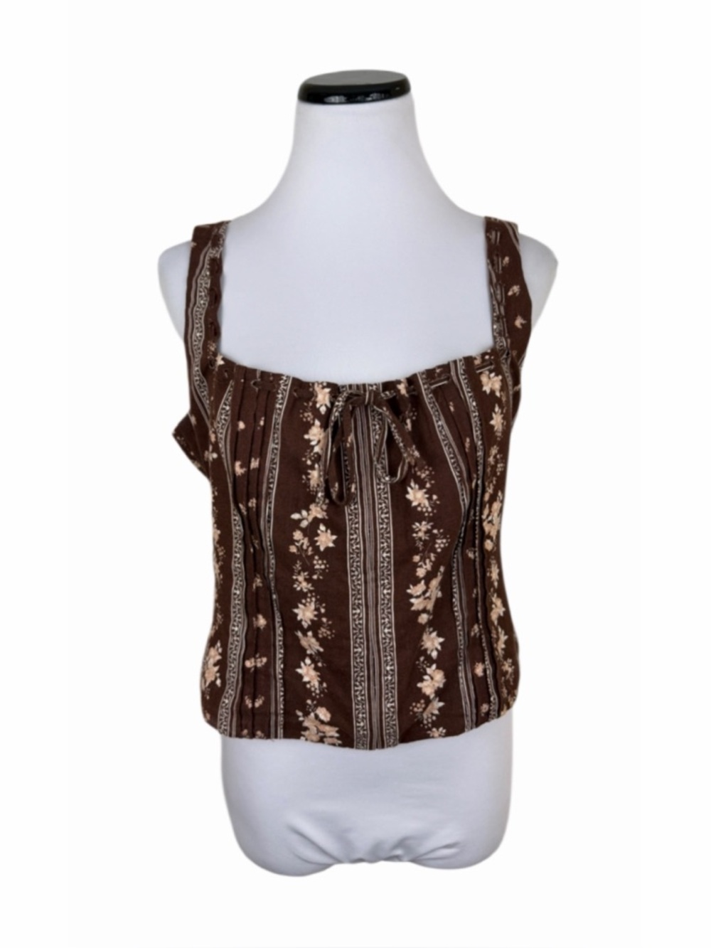 Rachel Zoe Linen Blend Floral Pleated Ruched Crop Tank Top Brown Size Large